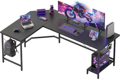 Vista 11 de Mericonia Escritorio para computadora en forma de L con tomas de corriente, escritorio para juegos reversible con estantes de almacenamiento y Marrón