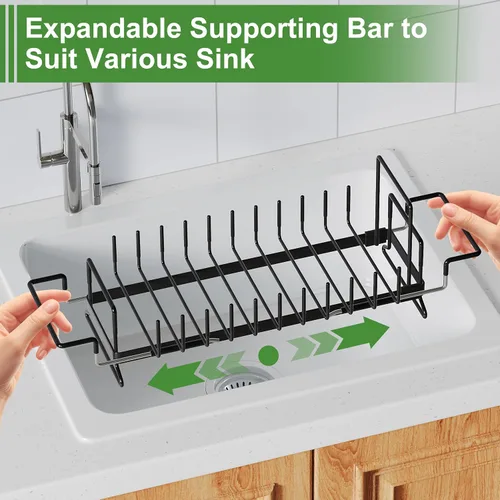 Vista 3 de Estante de secado de platos sobre el fregadero, expandible, pequeño, negro, escurridor para secar para la encimera de la cocina, metal de acero