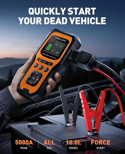 Vista 2 de Arrancador de batería de automóvil con escáner OBD2 5000A, arrancador de batería de automóvil portátil (toda gasolina/10L diésel), caja de arranque
