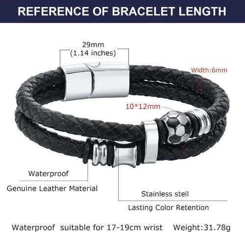Vista 5 de TempBeau Pulsera de cuero genuino de fútbol para hombre, pulsera de cuero trenzado para niño, pulsera de cuero negro, regalos para papá, Acero