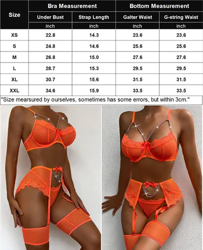 Vista 7 de Avidlove Conjunto de liguero para mujer, lencería sexy de malla con aros, 4 piezas, brasier de cadena S-XXL