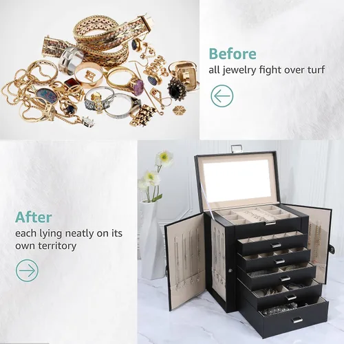 Vista 6 de Joyero para mujer, organizador grande de 6 capas con cerradura y 5 cajones para almacenamiento de joyas, joyero grande para regalo de Navidad