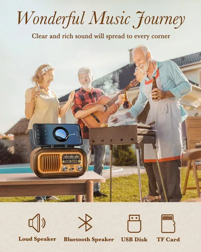 Vista 6 de PRUNUS Altavoz Bluetooth de radio J150 Vintage/retro, Radio AM FM con Bluetooth, Radio Bluetooth, Soporte TF tarjeta/reproducción USB, TWS, Radio