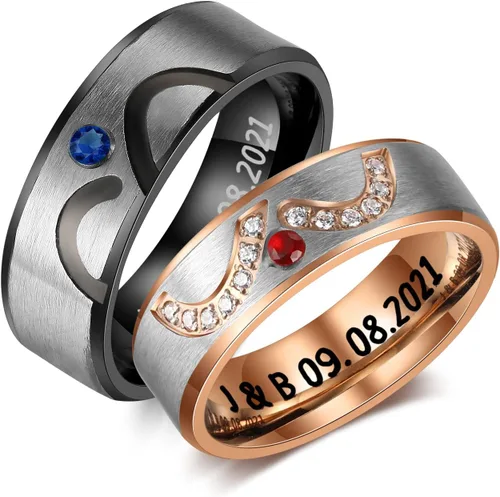 Vista 9 de OPALSTOCK - Juego de anillos de compromiso personalizados para parejas con corazón a juego para él y para ella multicolor/fantasía (Adjustable)