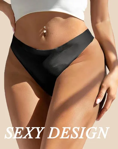 Vista 5 de chelectnis Tangas sin costuras para ropa interior de mujer, paquete de 5 bragas de bikini sexis de tiro bajo, seda de hielo, espalda en T, tangas
