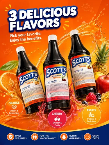 Vista 5 de SCOTT'S EMULSION Aceite de hígado de bacalao líquido para niños, sabor a cereza, apoya el crecimiento, la inmunidad y la salud ósea, rico en omega 3
