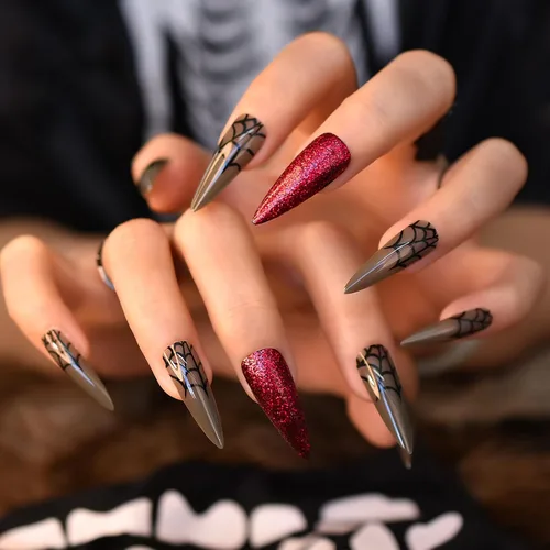 Vista 8 de ELEVENAIL Uñas postizas a presión de Navidad con purpurina azul oscuro, diseño de copo de nieve y diamantes de imitación de Navidad, longitud media