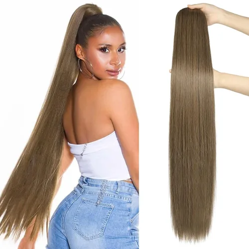 Vista 16 de SEIKEA Extensiones de cola de caballo con cordón, larga y recta, cola de caballo falsa, natural, suave, extensiones de cabello sintético resistente