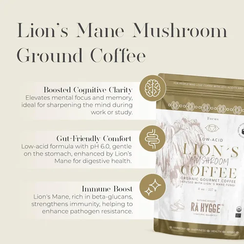 Vista 3 de Rå Hygge Organic Ground Lion’s Mane Mushroom Coffee - Medium Roast, 8 oz (16 Cups) - Focus & Cognitive Boost Coffee, Low-Acid & Jitter-Free
