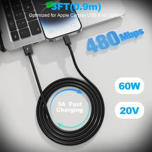 Vista 6 de Snisre Cable Carplay para automóvil, USB A a cable Lightning de 3 pies compatible con iPhone 14, 13, 12, 11 Pro Max, XR, XS X, cable de carga