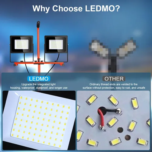 Vista 6 de LEDMO Luz de trabajo LED regulable con soporte, 2 interruptores independientes, 15000 lúmenes, 5500 K, reflectores de trabajo portátiles con trípode