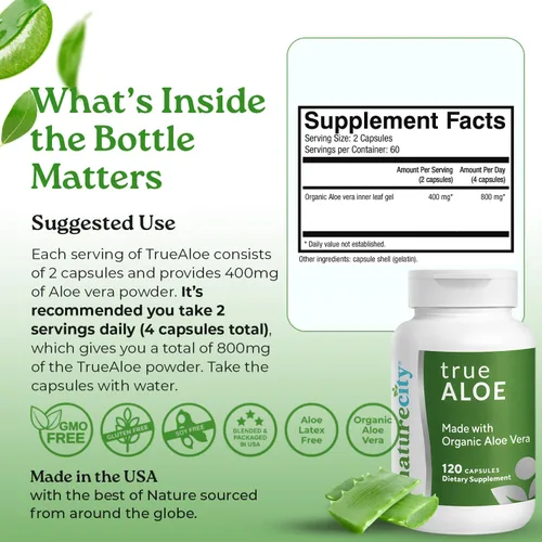 Vista 7 de NatureCity True-Aloe 80,000 mg equivalente de gel de aloe vera por porción, fabricado con aloe vera orgánico (120 cápsulas) soporte digestivo