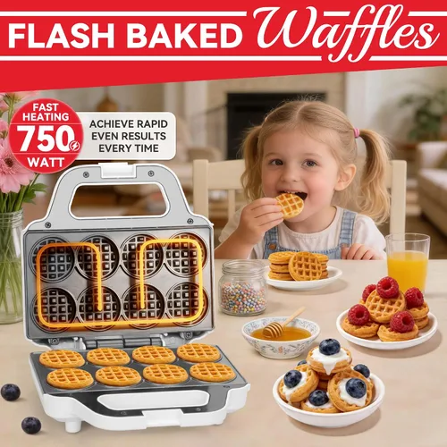 Vista 2 de SugarWhisk Mini máquina para hacer gofres, plancha para mini gofres para niños, hornea 8 mini gofres de 2 pulgadas, máquina para hacer gofres