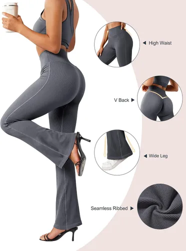 Vista 2 de MOSHENGQI Leggings acampanados acanalados para mujer, pantalones de yoga sin costuras de cintura alta