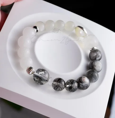 Vista 12 de Precious Gemstone Natural Crystal Healing Bracelet, Rutilated Quartz, Moonstone, Quartz Handmade Original Design Bracelet