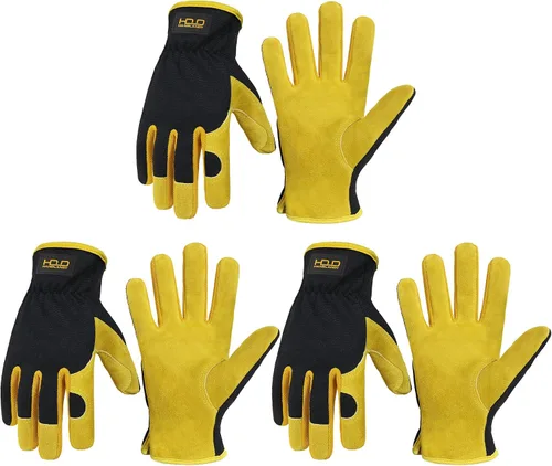 Vista 19 de HANDLANDY Guantes de jardinería de cuero para hombre, guantes de trabajo utilitarios para mecánicos, construcción, conductor