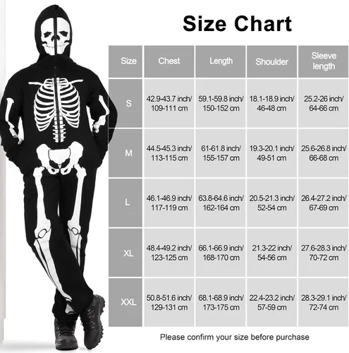 Vista 2 de SOMSOC Disfraz de esqueleto de Halloween para hombre que brilla en la oscuridad para adultos, pijama de calavera de Halloween, conjunto de overol