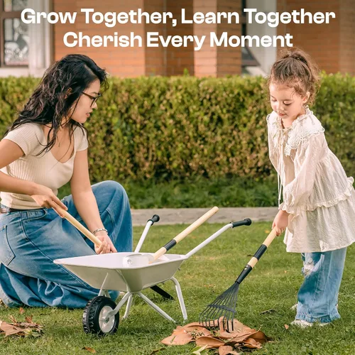 Vista 5 de ROBOTIME Carretilla para niños con juego de jardinería – Carretilla de metal para niños pequeños, juguete de juego al aire libre con herramientas