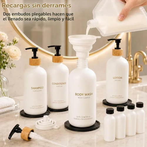 Vista 7 de TBWIND Juego de 4 dispensadores de champú y acondicionador de vidrio blanco