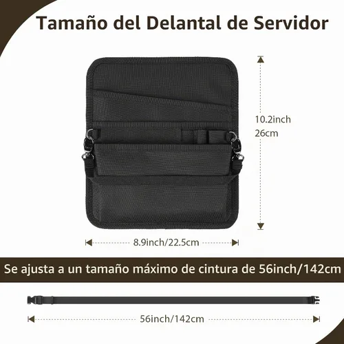 Vista 2 de Likesing Delantal de servidor, delantal de servicio con bolsillos para camarera, bolsa de herramientas de cintura para camarero con cinturón Negro-5
