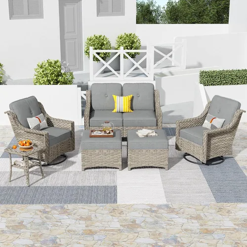 Vista 48 de HOOOWOOO Sofá de patio de 3 plazas de mimbre para exteriores, resistente a todo tipo de clima, con respaldo alto, muebles a juego (beige y bronceado)