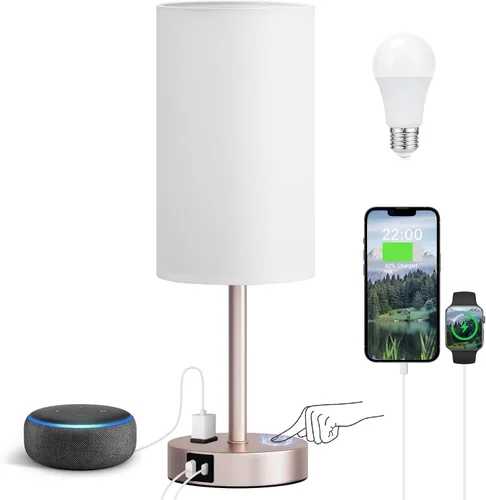 Vista 13 de Fenmzee Juego de lámparas de mesa pequeñas táctiles regulables de 2 a 3 vías, carga USB A + C, salida de CA, base de grano de madera, bombillas