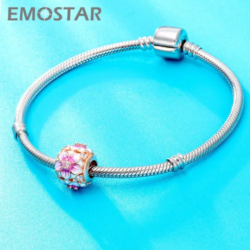 Vista 2 de Los dijes de flores y trébol se adaptan a la pulsera europea Valentiens, dije de flor de magnolia de oro rosa, trébol, copo de nieve brillante