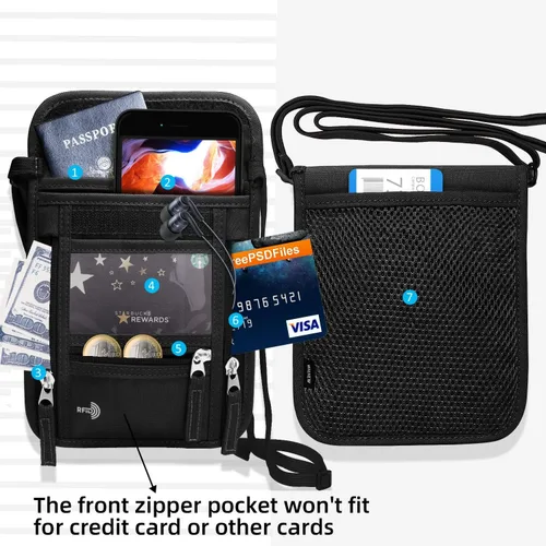 Vista 5 de WALNEW Soporte para pasaporte para el cuello cartera de viaje con bloqueo RFID 7 bolsillos con correa ajustable para el cuello para mantener tu