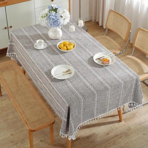 Vista 3 de meioro Mantel rústico, mantel rectangular de algodón texturizado de lino con borla, mantel de tela resistente para granja con bordado de rayas