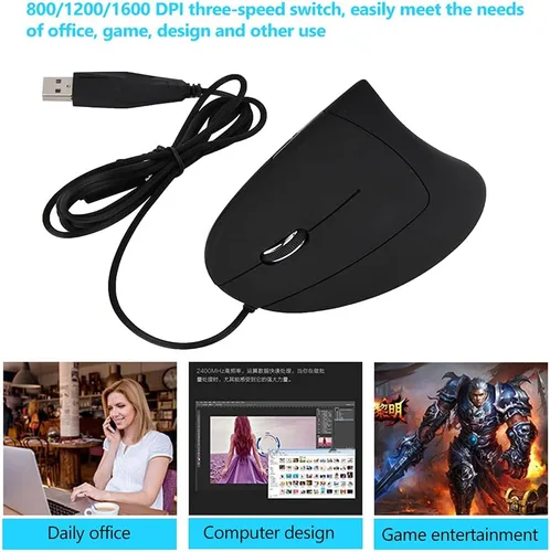 Vista 6 de Ratón ergonómico vertical con cable USB, mouse óptico para zurdos, 3 DPI ajustables 800/1200/1600, 6 botones programables, mouse universal