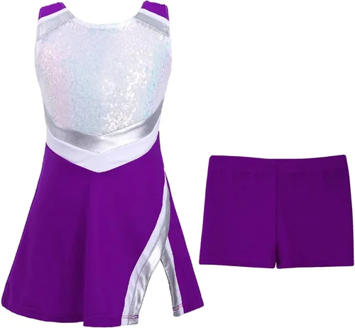 Vista 4 de TiaoBug Uniformes de animadoras para niñas y niñas, disfraces de animadora, lentejuelas brillantes, traje de baile de jazz, hip hop, disfraz de baile