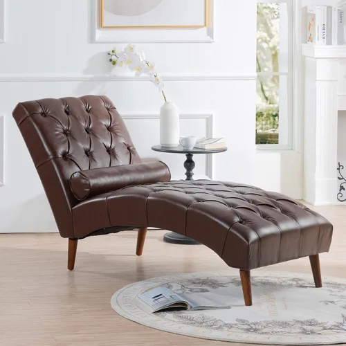 Vista 21 de Tumbona de piel sintética para interiores con almohada, moderna tumbona, sillas ergonómicas tapizadas de poliuretano sin brazos con botones