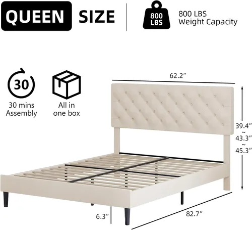 Vista 2 de BarnFurin Base de cama tamaño Queen, plataforma tapizada con cabecera capitoné con botones, marco de cama de tela con soporte de listones de madera
