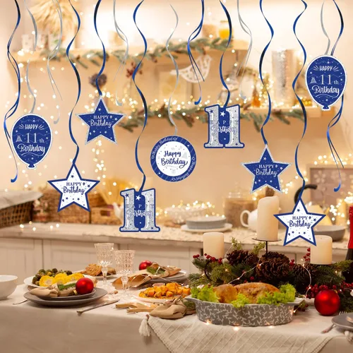Vista 7 de Decoración de fiesta de serpentinas con purpurina azul y plateada de feliz 11º cumpleaños, 15 piezas de remolinos colgantes de 11 cumpleaños, cartel