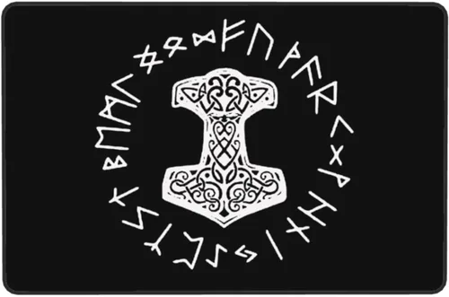 Vista 7 de Vikings Mjolnir and Rune Wheel - Alfombra de área con símbolo de mitología nórdica, sala de estar, dormitorio, cocina, sofá, mesita de noche, 36 x