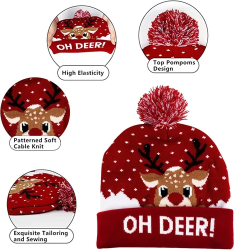 Vista 3 de LED Christmas Hat Red, Light Up Christmas Hat Beanie Holiday Hat with Cute Deer