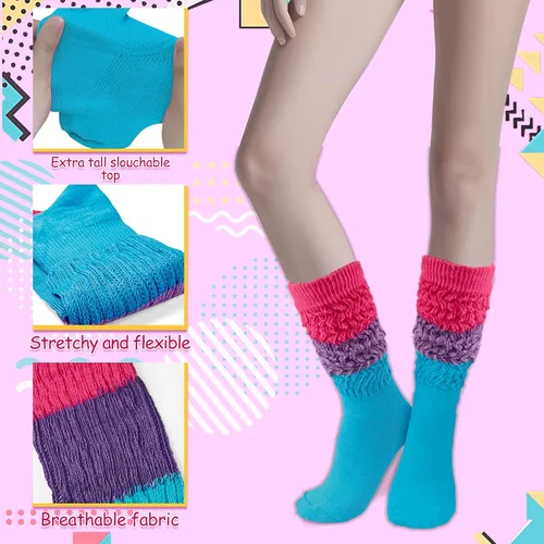 Vista 3 de Calcetines holgados de neón, trajes de los años 80 y 90 para mujer, suaves y extra largos, calentadores de pierna alta, perfectos para fiestas