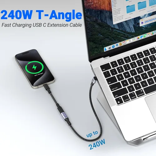 Vista 3 de Cable de extensión USB 4.0 USB-C macho a hembra en ángulo recto de Carga rápida de 240 W 5 A, transferencia de datos de alta velocidad de 40 Gbps