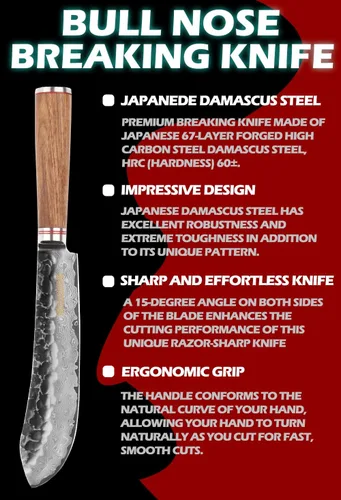 Vista 2 de YOUSUNLONG Cuchillo de carnicero japonés martillado de acero de Damasco de 8 pulgadas, mango de madera de nogal natural