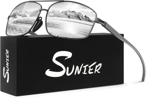 Vista 14 de Lentes de sol polarizados para hombre, ultra ligeros Al-Mg con bisagras de resorte, 100% protección UV400 para hombre Lente gris oscuro del marco