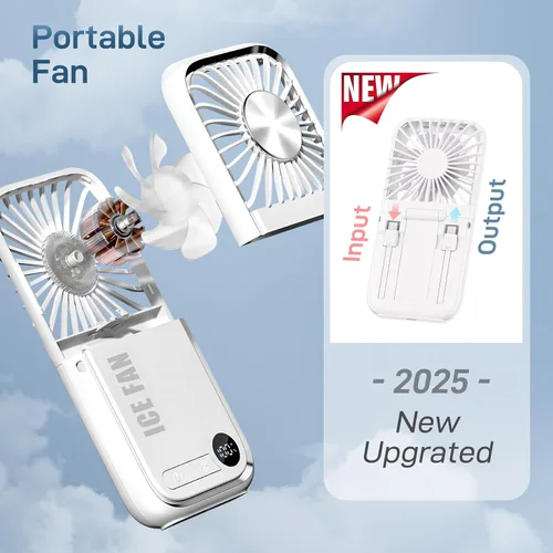 Vista 3 de Mini ventilador portátil, ventilador de mano mejorado 5 en 1 plegable, ventilador de cuello, ventilador de escritorio, banco de energía de 3000 mAh