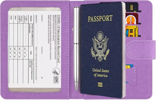 Vista 2 de Cartera de pasaporte mejorada y tarjetero de vacuna, multiusos, bloqueo RFID, cartera de cuero para pasaporte, soporte para tarjetas de vacuna CDC