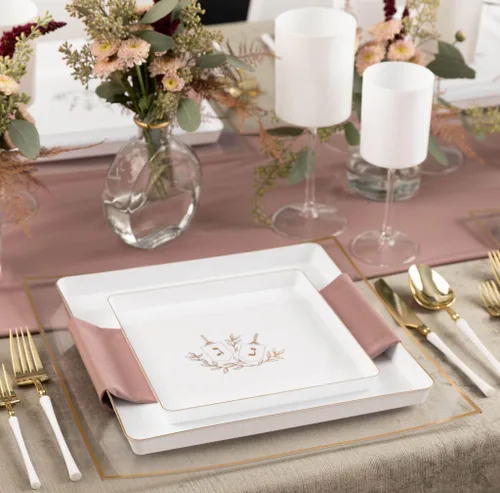 Vista 2 de 7.25" inch Square Plastic Plates Heavy Duty Plastic Hanukkah Dinner Plates with White Gold Chanukah Design Hanukkah Party Disposable Salad Plate