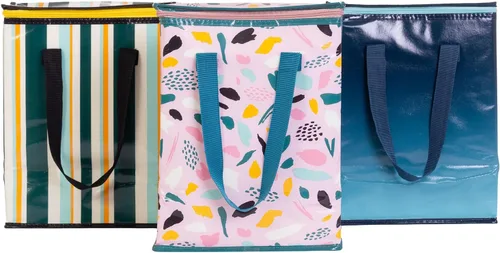 Vista 10 de Pack de 3 bolsas de la compra Planet E, para comestibles, reutilizables, grandes, plegables, con bases reforzadas, hechas de plástico reciclado
