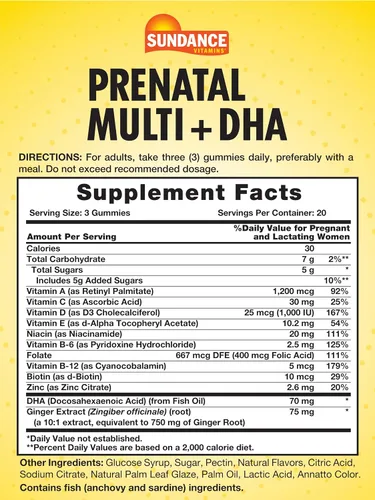 Vista 2 de Sundance Gomitas prenatales de vitamina para mujeres, con DHA y folato, 60 unidades, sabor a fruta, para uso antes, durante y después del embarazo