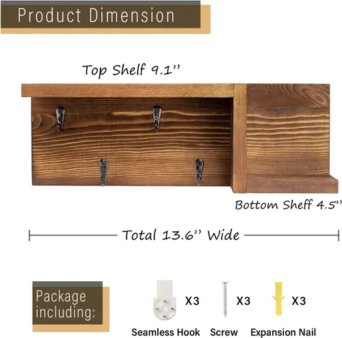Vista 7 de AKKO Soporte de madera para llaves decorativo de pared, organizador de correo y llaves con 4 ganchos para llaves y estante flotante en forma de "Z