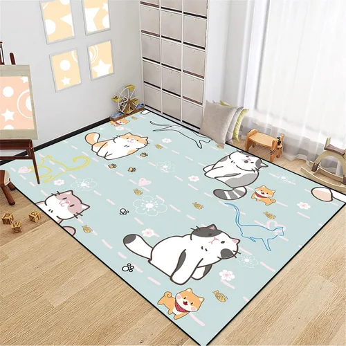 Vista 6 de Alfombra de gatos de dibujos animados para niñas, bonita decoración de habitación de niños, alfombra con temática de animales azules, alfombra ultra
