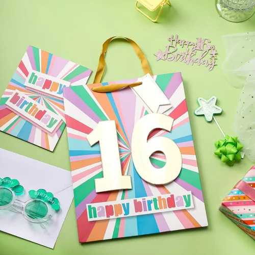 Vista 6 de WRAPAHOLIC Bolsa de regalo de cumpleaños grande de 13 pulgadas con tarjeta y papel de seda - 16 cumpleaños Feliz cumpleaños número 16