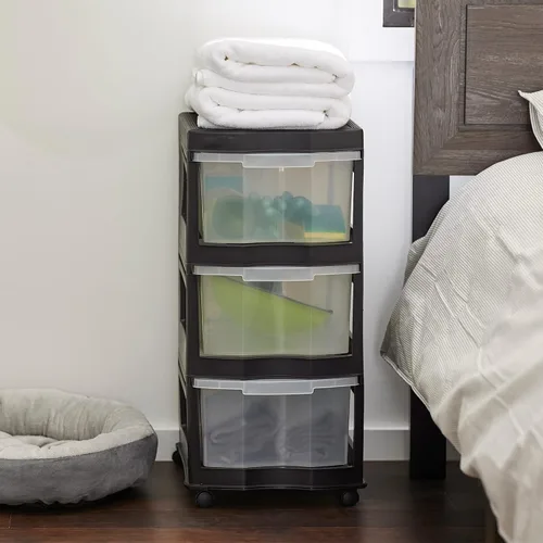 Vista 2 de Life Story Cajones clásicos de almacenamiento de plástico de 3 niveles y organizador con ruedas para uso en el hogar, dormitorio u oficina, Negro