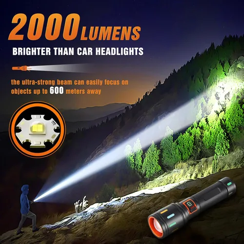 Vista 2 de Linterna táctica súper brillante, linternas LED, alta potencia, 2000 lúmenes con 3 modos de iluminación, luces de flash impermeables con zoom